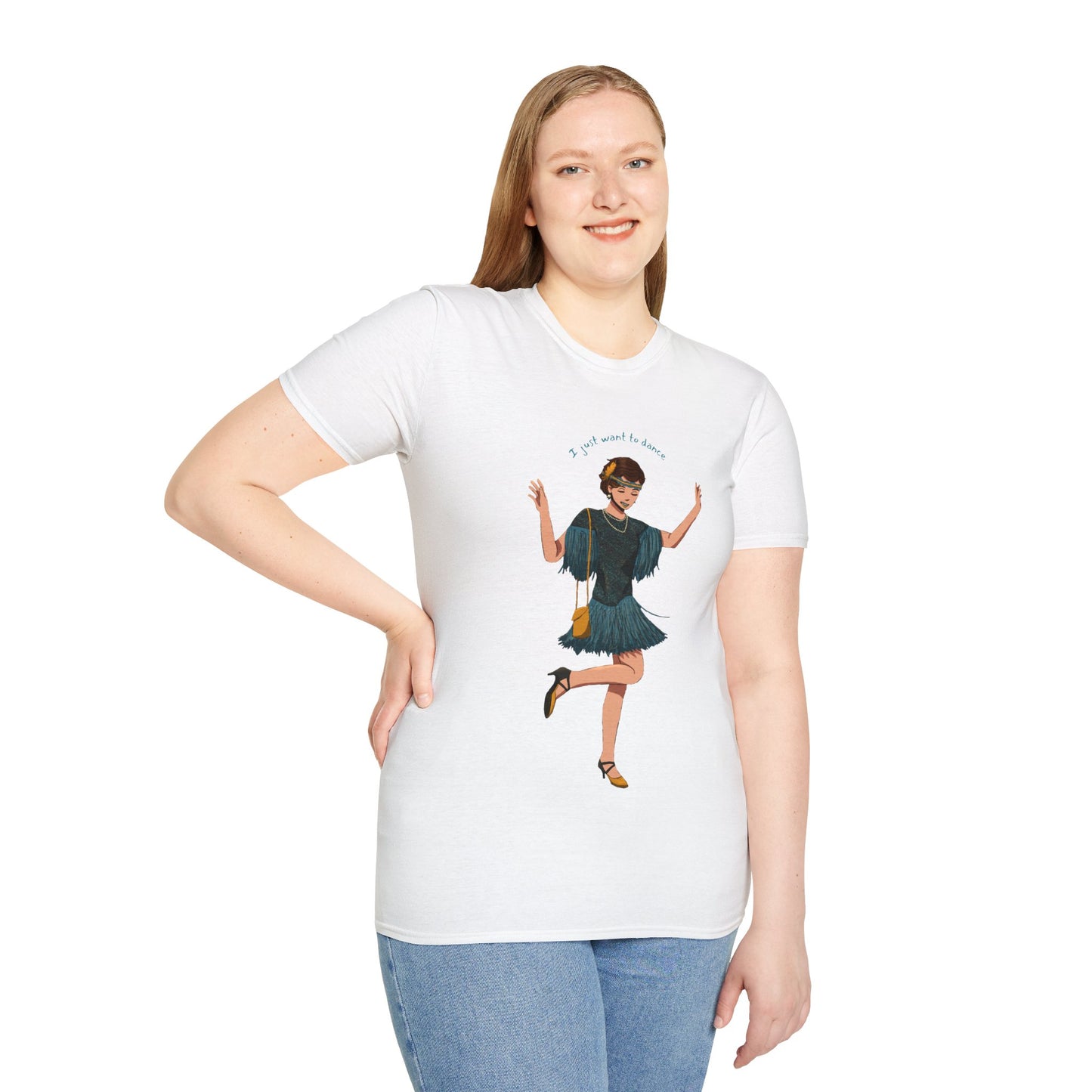 Art Deco Dancer- I just want to dance. Unisex Softstyle T-Shirt
