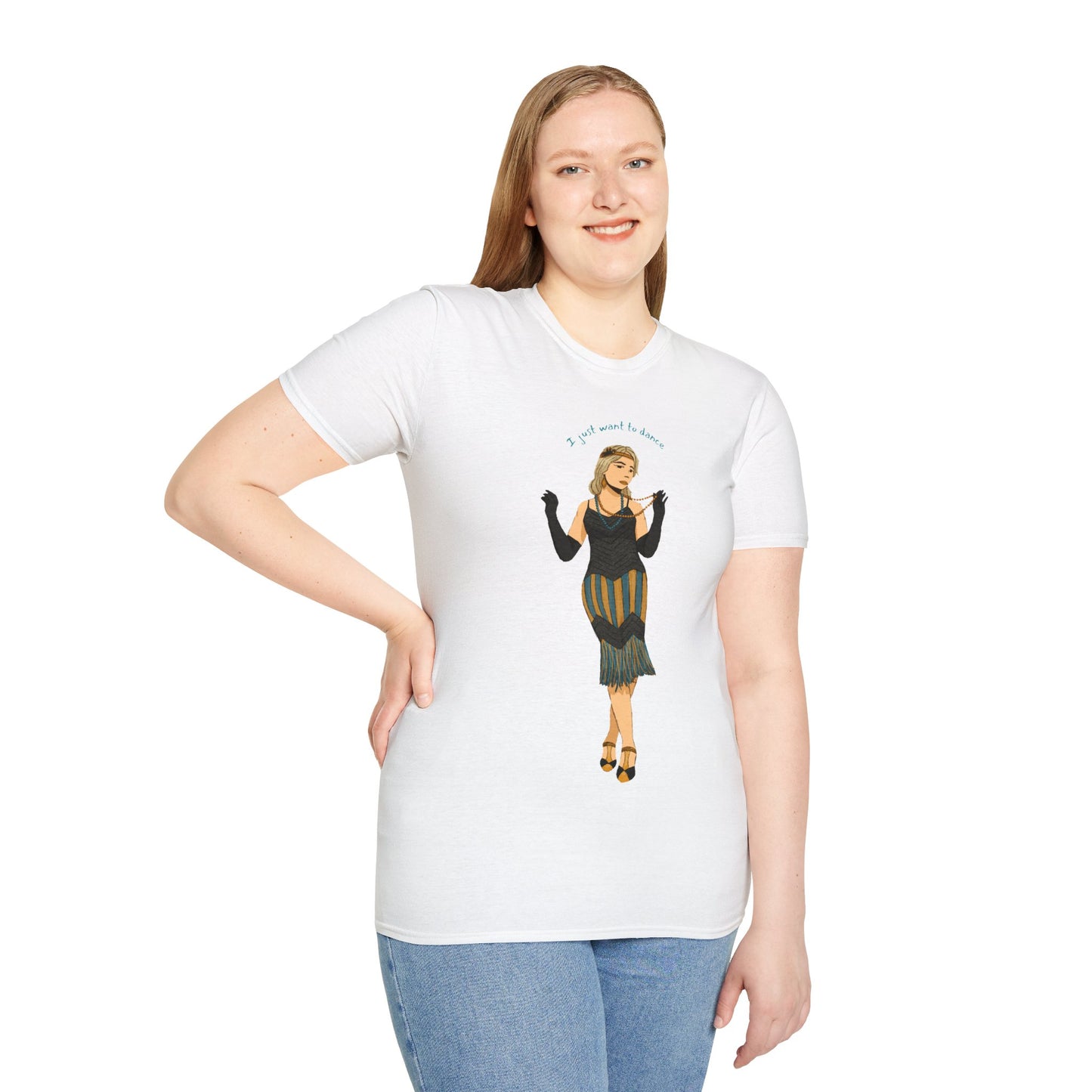 Art Deco Dancer- I just want to Dance. Unisex Softstyle T-Shirt