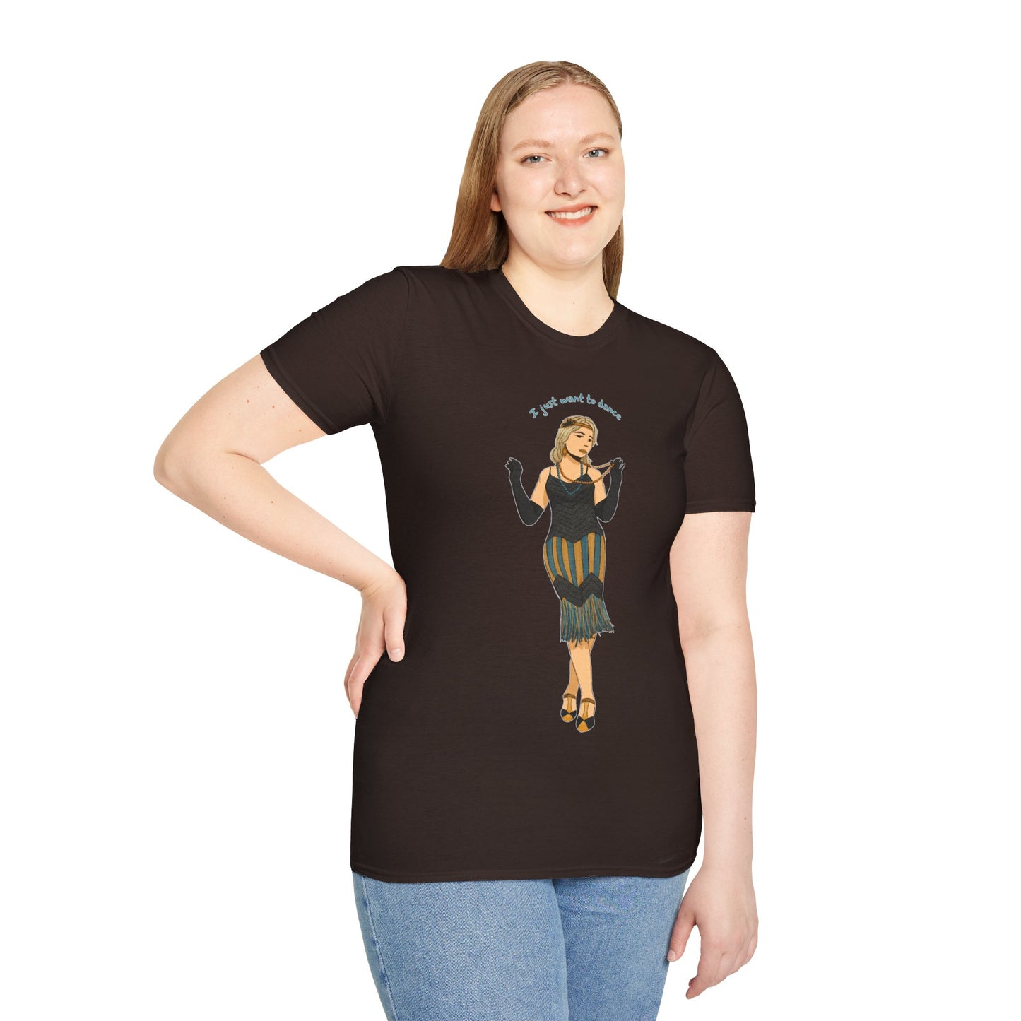 Art Deco Dancer- I just want to Dance. Unisex Softstyle T-Shirt